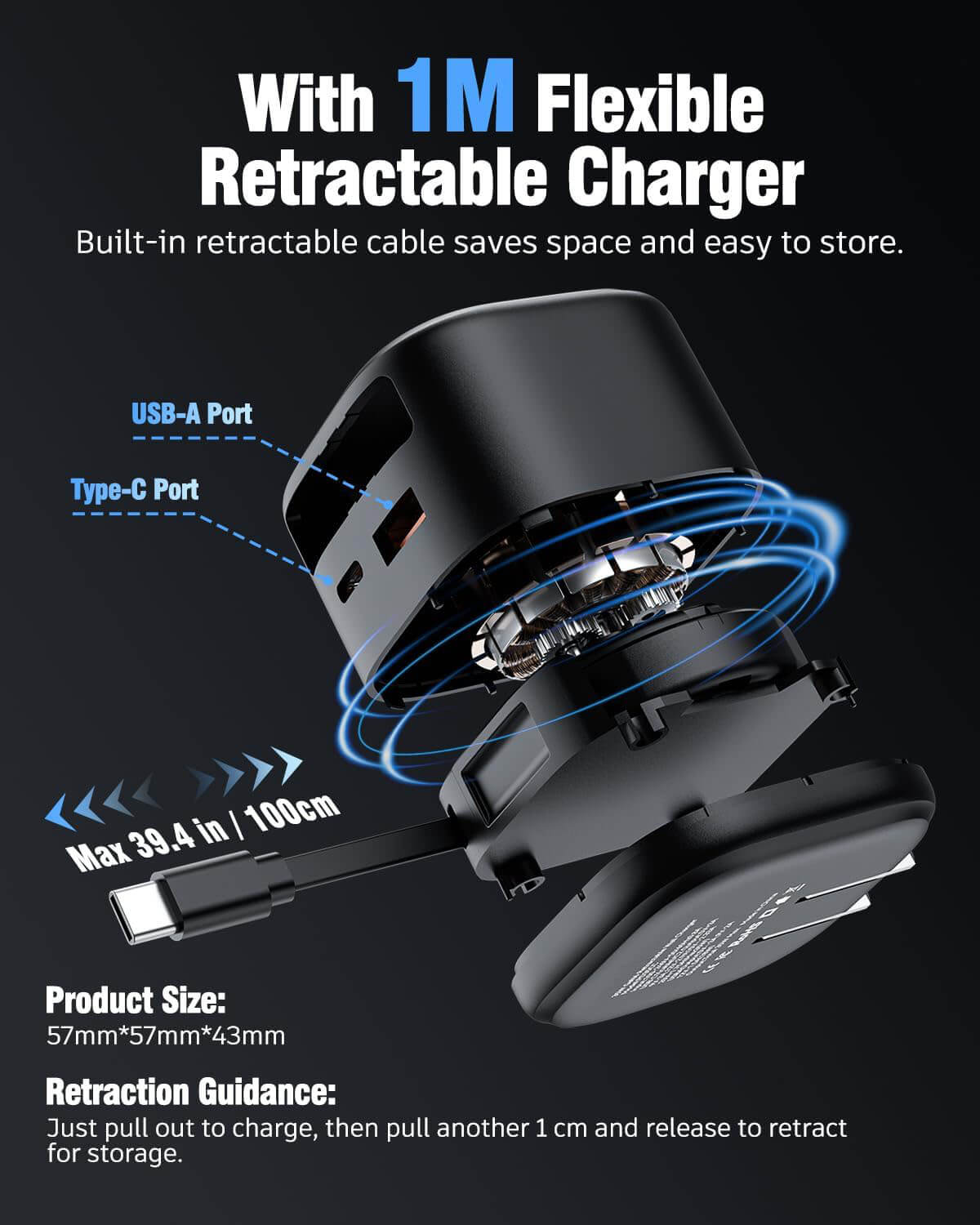 ChargeReel | 35W GaN Charger 2-Port USB with Retractable Type-C Cable
