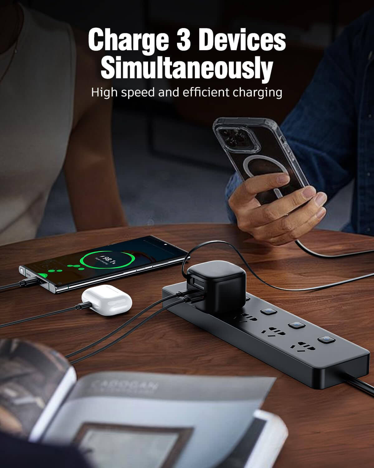 ChargeReel | 35W GaN Charger 2-Port USB with Retractable Type-C Cable