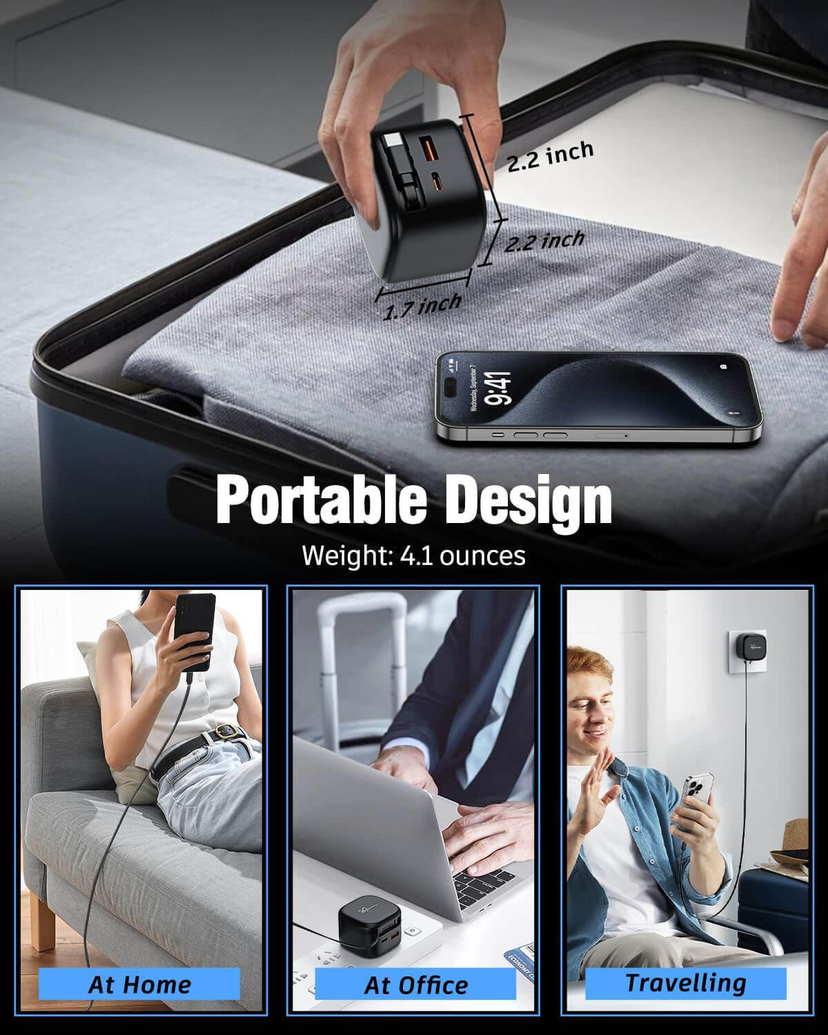 ChargeReel | 35W GaN Charger 2-Port USB with Retractable Type-C Cable