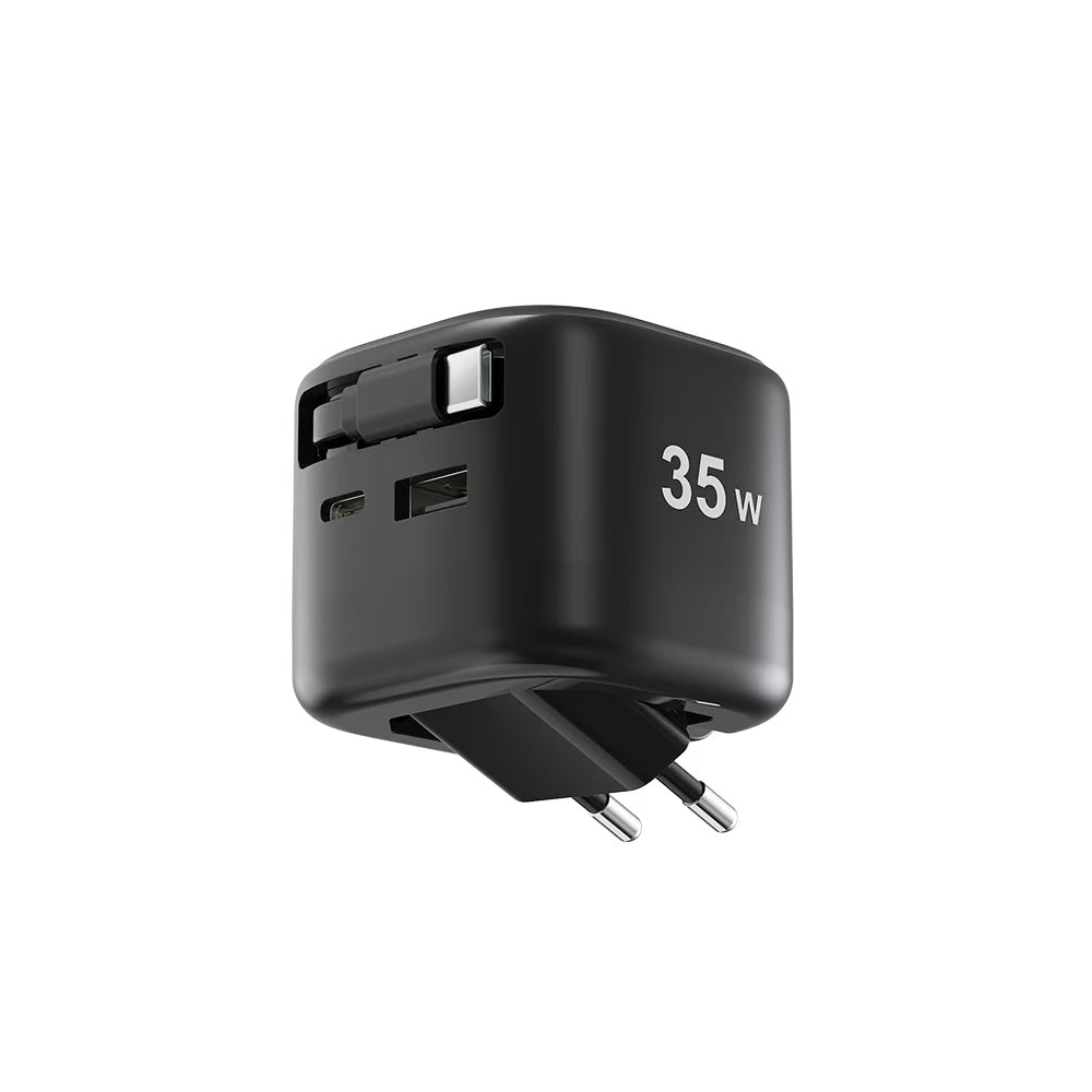 ChargeReel | 35W GaN Charger 2-Port USB with Retractable Type-C Cable
