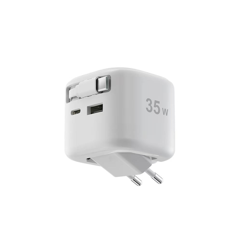 ChargeReel | 35W GaN Charger 2-Port USB with Retractable Type-C Cable