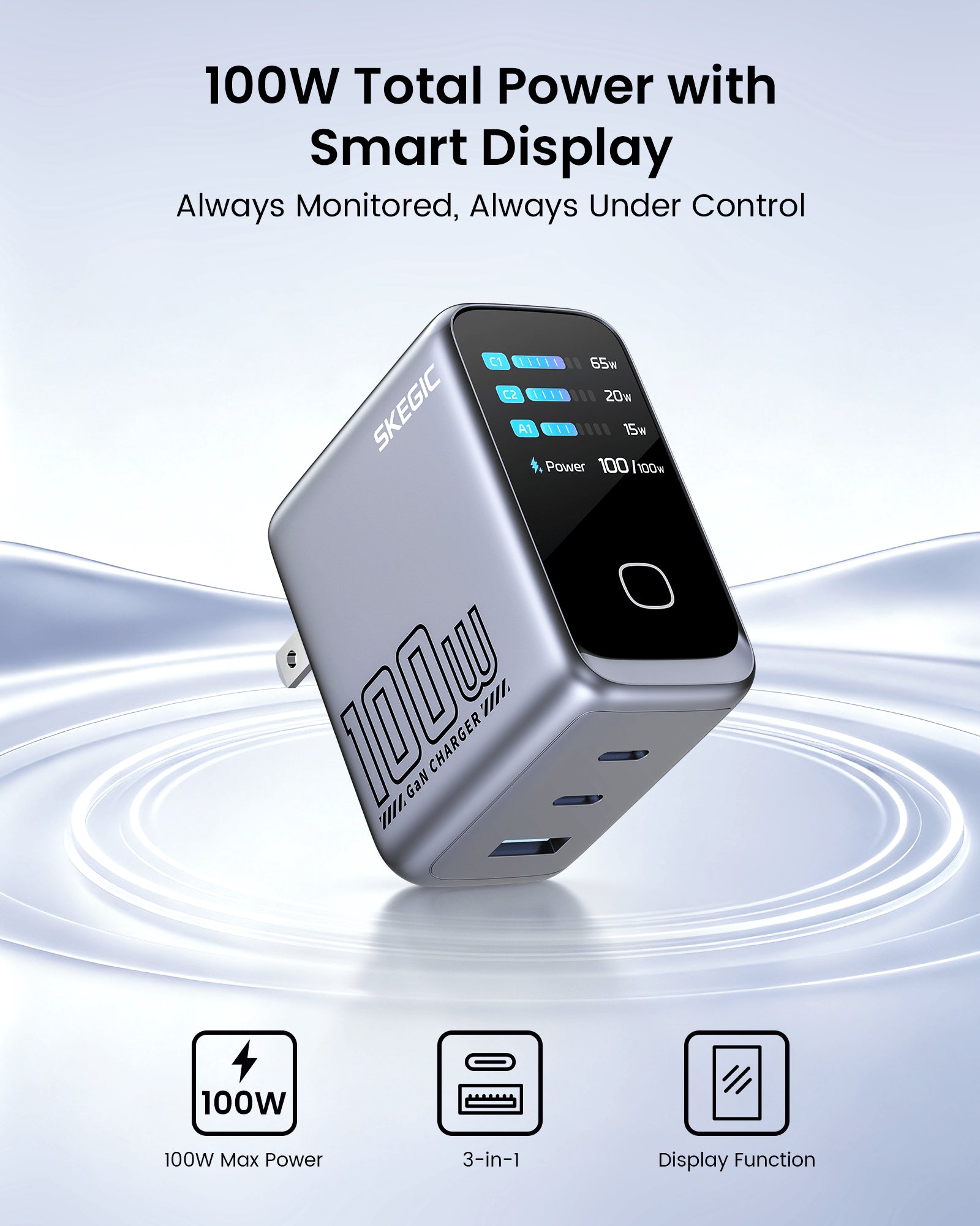 SKEGIC Pilot 100W 3-Port GaN Charger (Smart Display, 3-in-1, 90° Foldable)