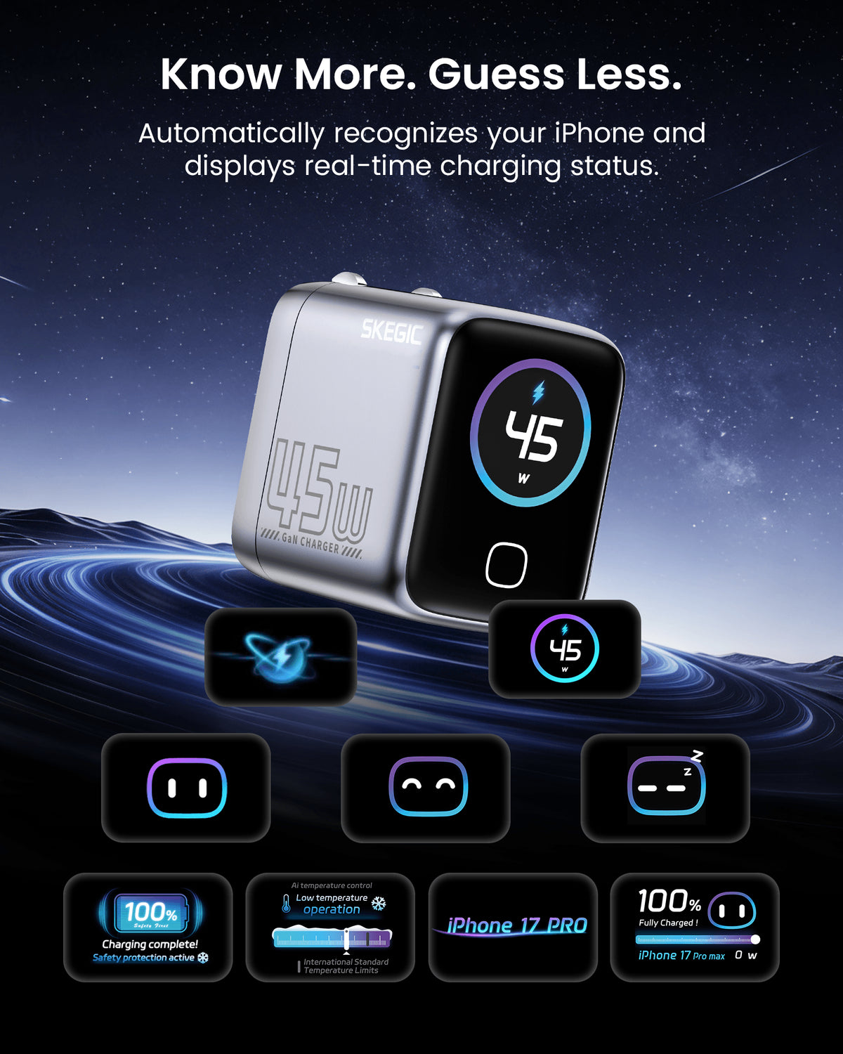 SKEGIC Pilot Mini USB-C Charger (45W, Smart Display, 90° Foldable)