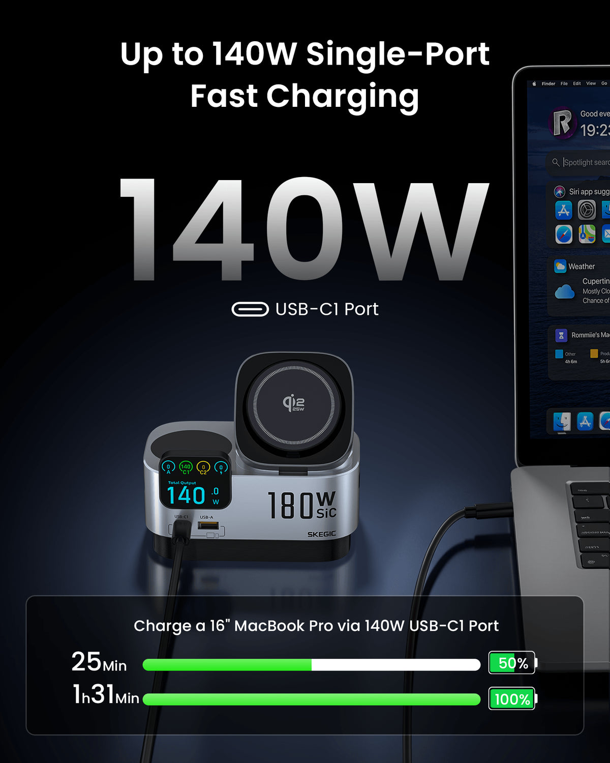 SKEGIC Nexus Ultra 180W SiC Charging Station (Smart Display, 3-in-1 Wireless, Qi2 25W, AirCool)