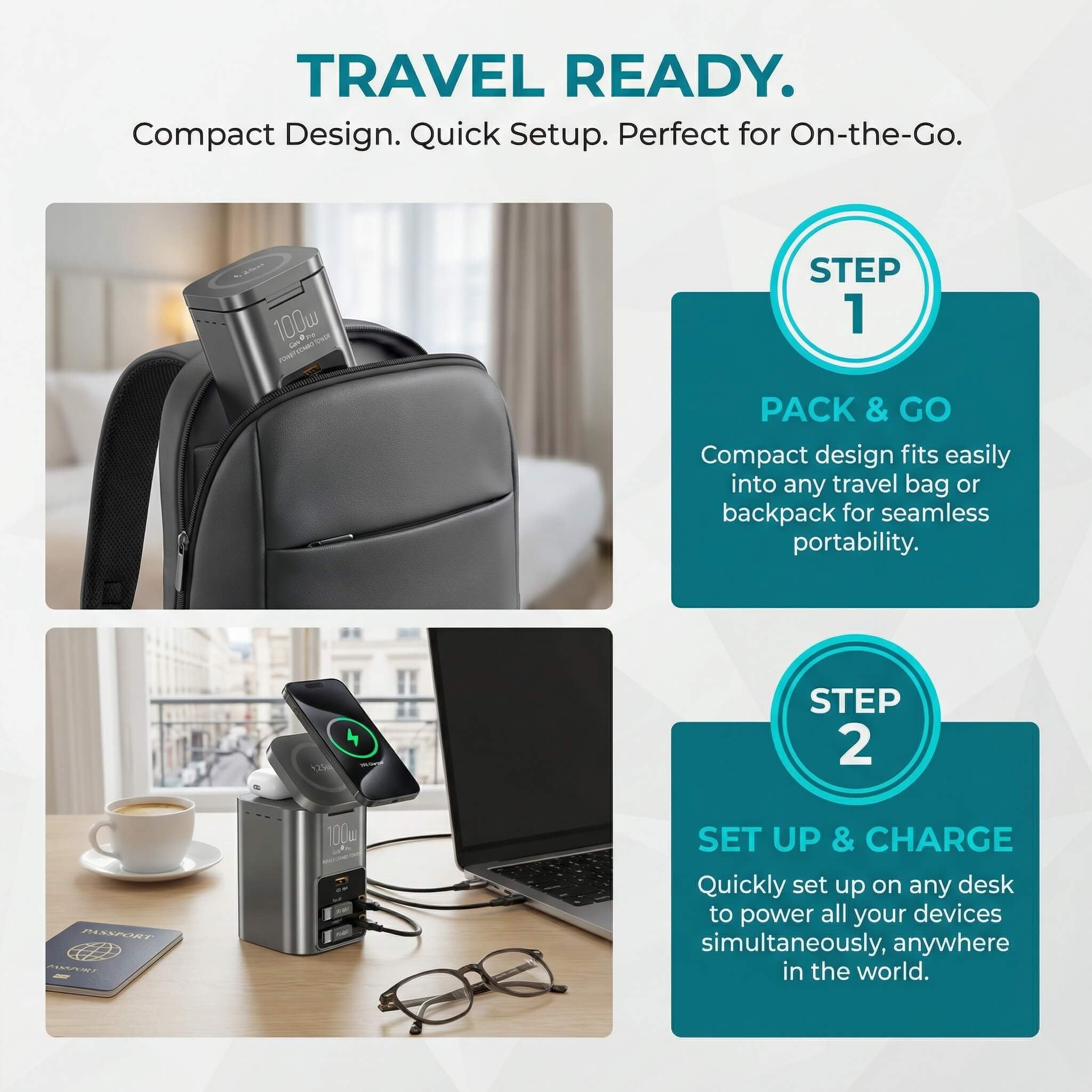 SKEGIC Nexus Pro 100W Power Station (25W Wireless Charging, 2 Retractable USB-C Cables, USB-A Port)