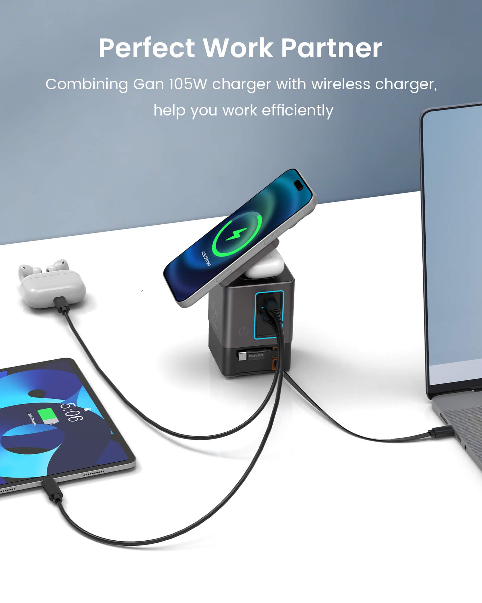 SKEGIC Nexus 105W Power Station (15W Wireless Charging, 2 Retractable USB-C Cables, USB-A & USB-C Port)