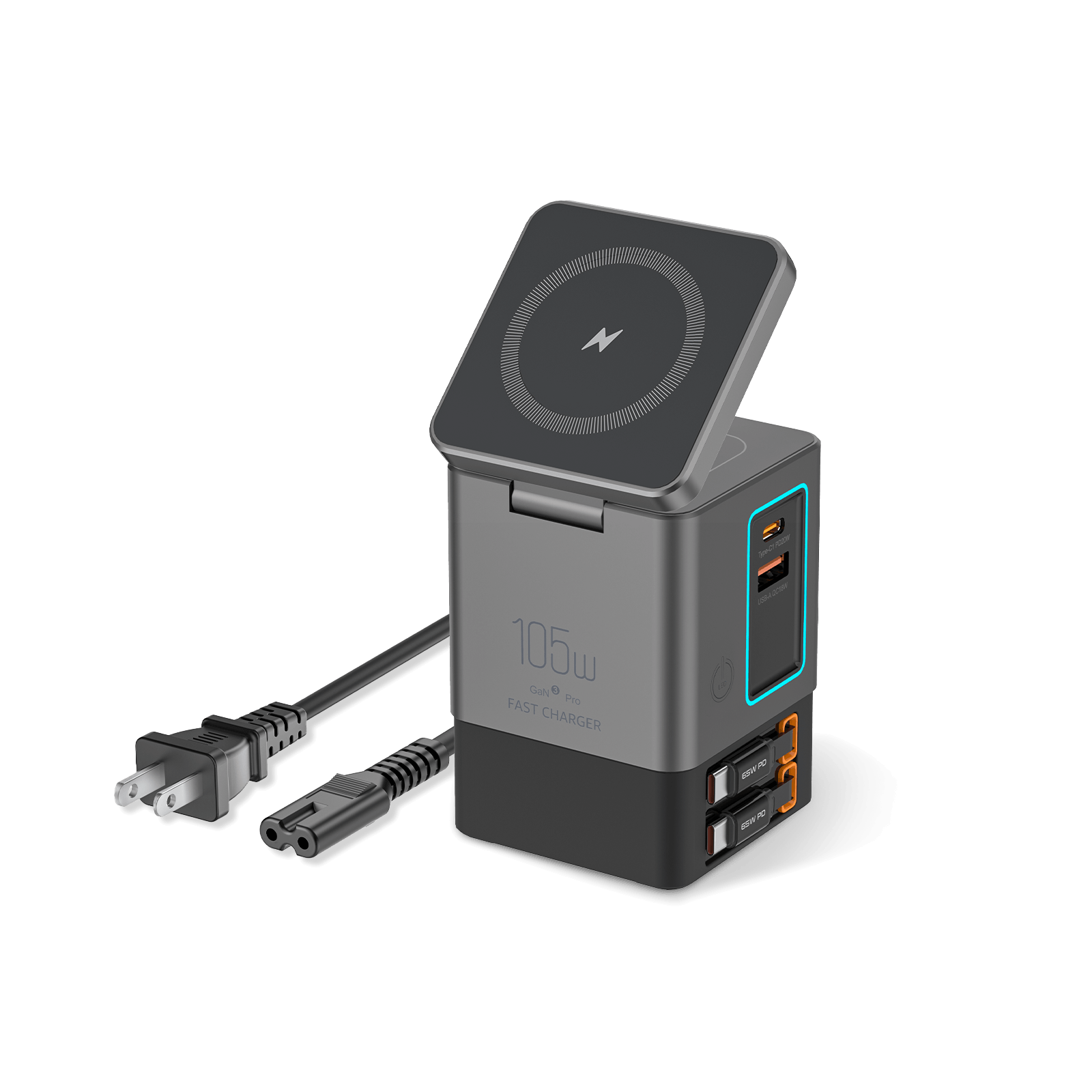 SKEGIC Nexus 105W Power Station (15W Wireless Charging, 2 Retractable USB-C Cables, USB-A & USB-C Port)