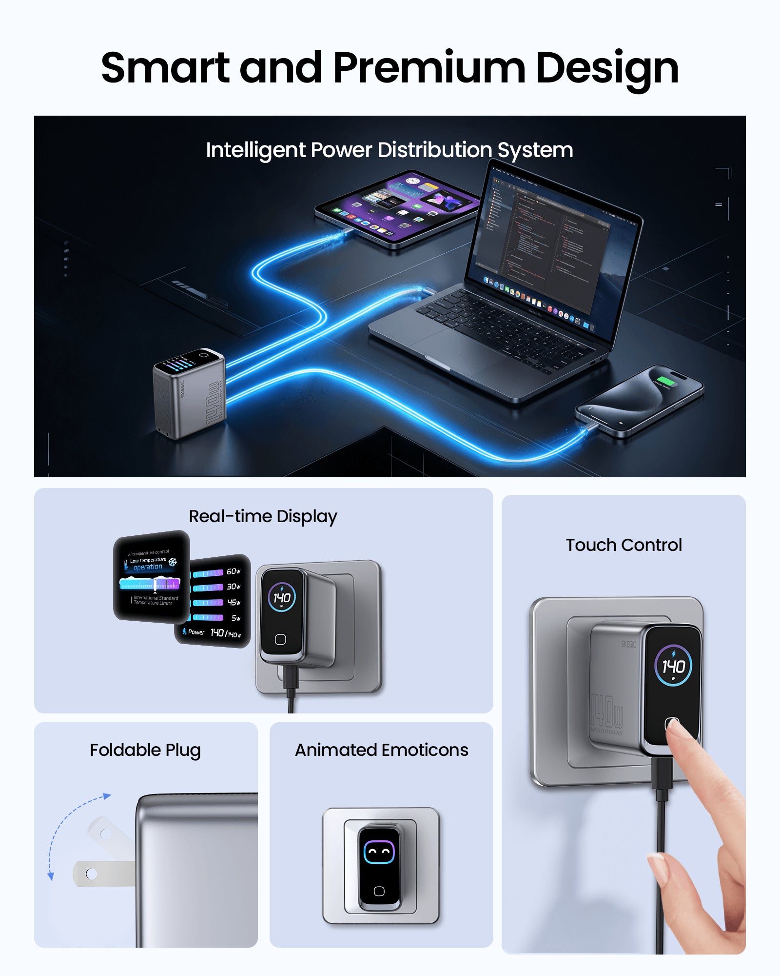 SKEGIC Pilot Pro 140W 4-Port GaN Charger (Smart Display, 4-in-1, 90° Foldable)