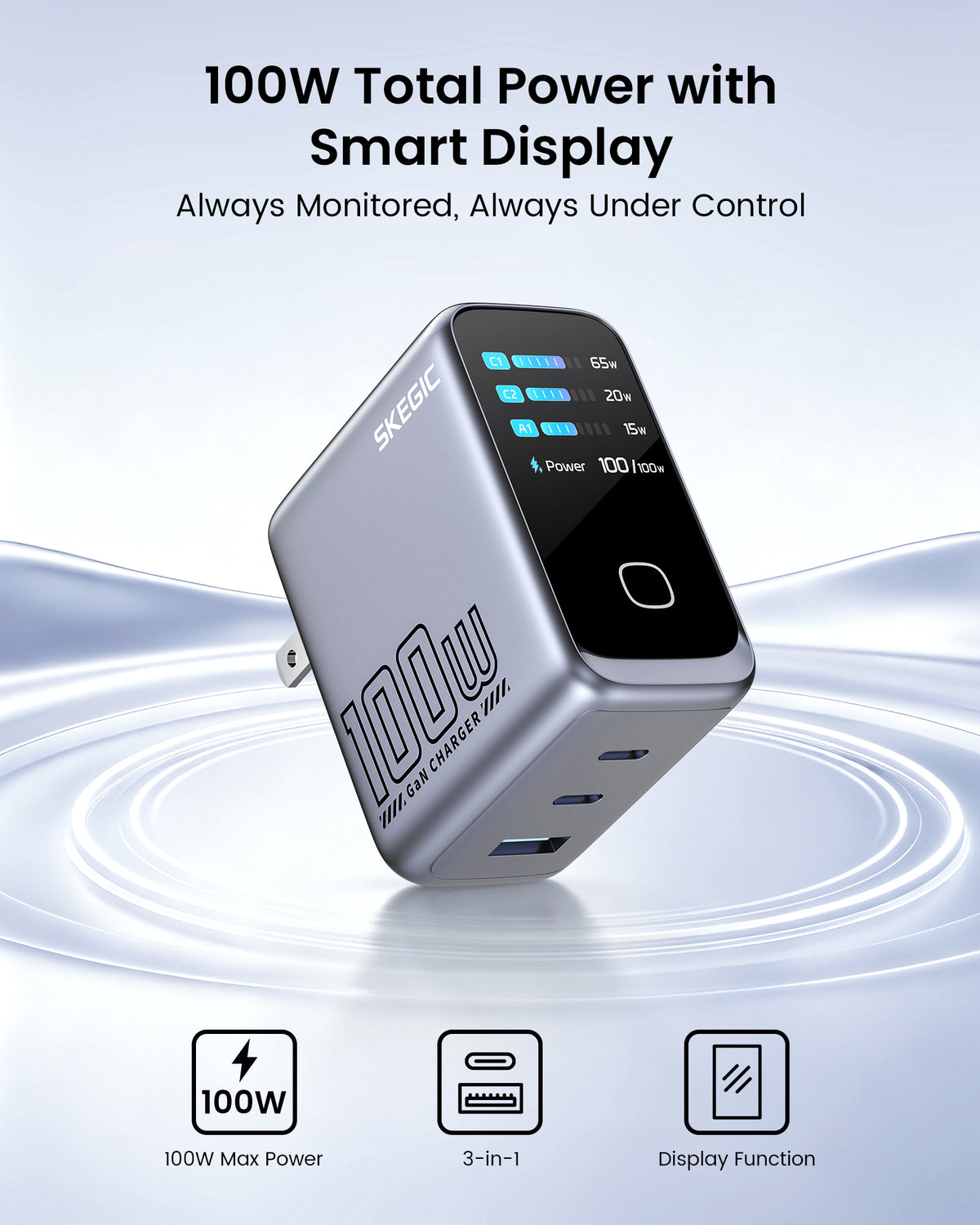 SKEGIC Pilot 100W 3-Port GaN Charger  (Smart Display, 3-in-1, 90° Foldable)