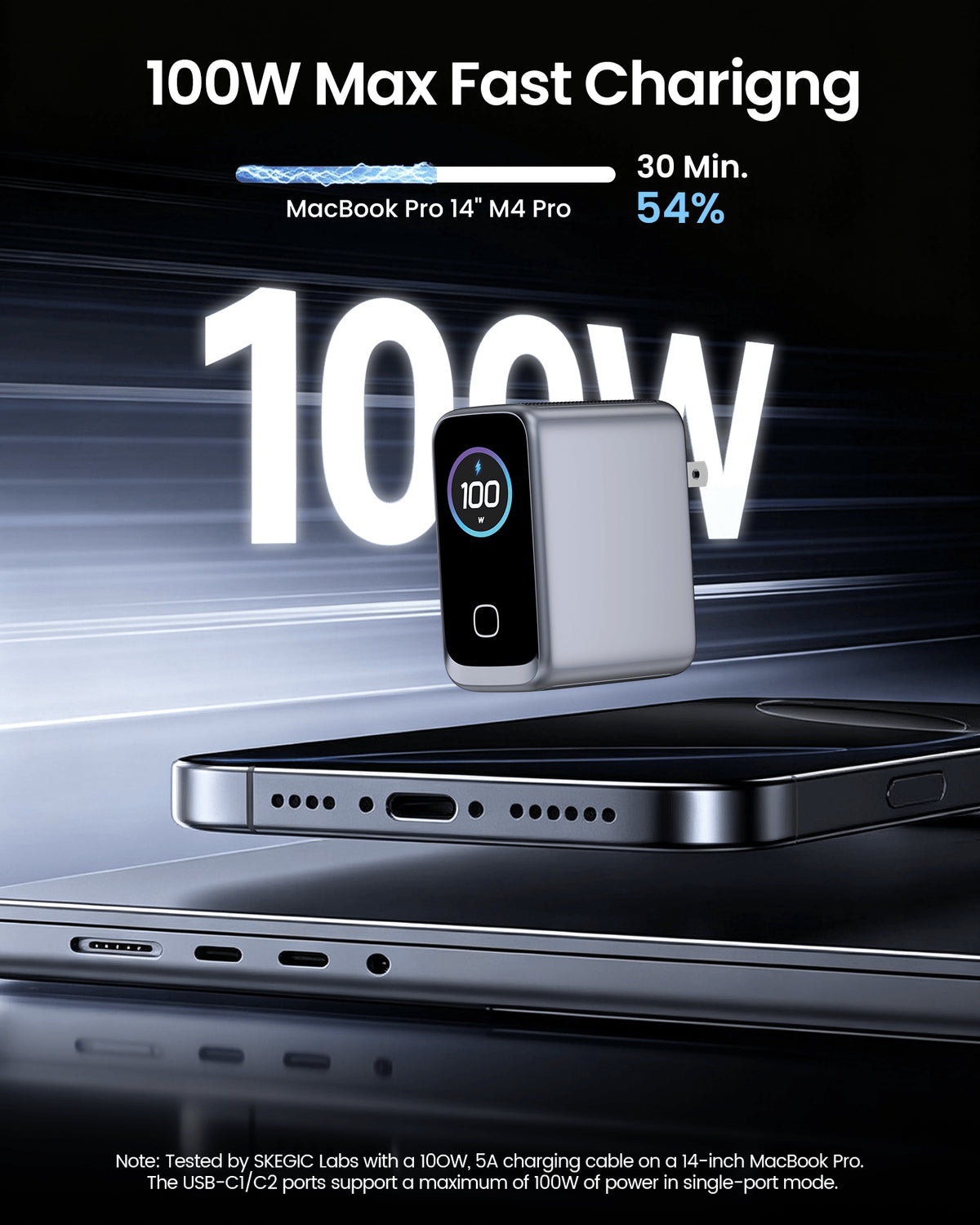 SKEGIC Pilot 100W 3-Port GaN Charger  (Smart Display, 3-in-1, 90° Foldable)