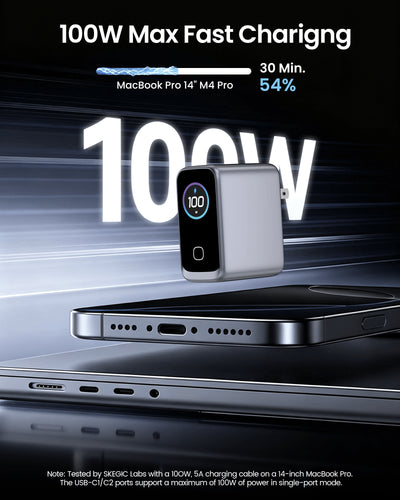 SKEGIC Pilot 100W 3-Port GaN Charger  (Smart Display, 3-in-1, 90° Foldable)