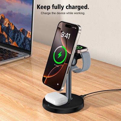 SKEGIC 3-in-1 Magnetic Wireless Charging Stand (Qi2 15W, MagSafe-Compatible)