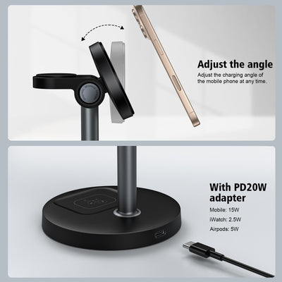 SKEGIC 3-in-1 Magnetic Wireless Charging Stand (Qi2 15W, MagSafe-Compatible)