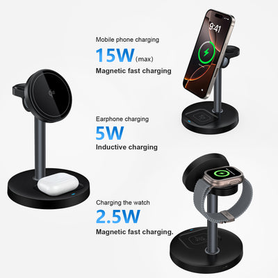 SKEGIC 3-in-1 Magnetic Wireless Charging Stand (Qi2 15W, MagSafe-Compatible)