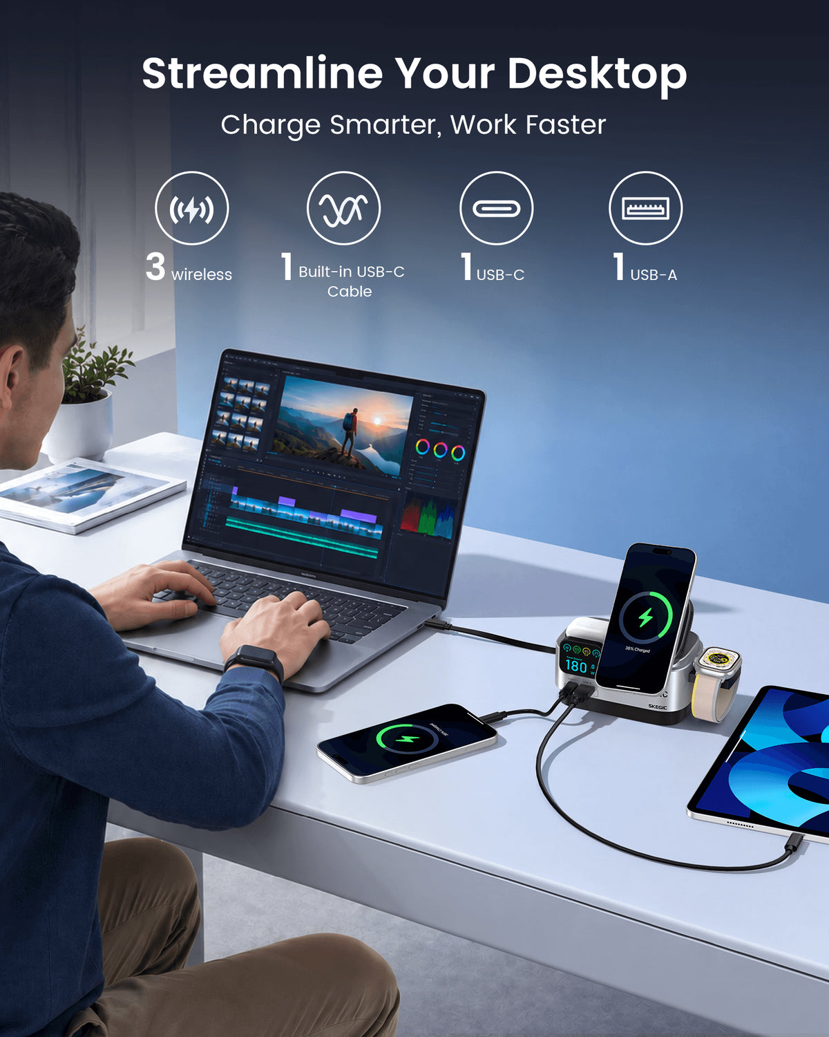 SKEGIC Nexus Ultra 180W SiC Charging Station (Smart Display, 3-in-1 Wireless, Qi2 25W, AirCool)