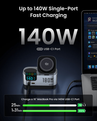 SKEGIC Nexus Ultra 180W SiC Charging Station (Smart Display, 3-in-1 Wireless, Qi2 25W, AirCool)