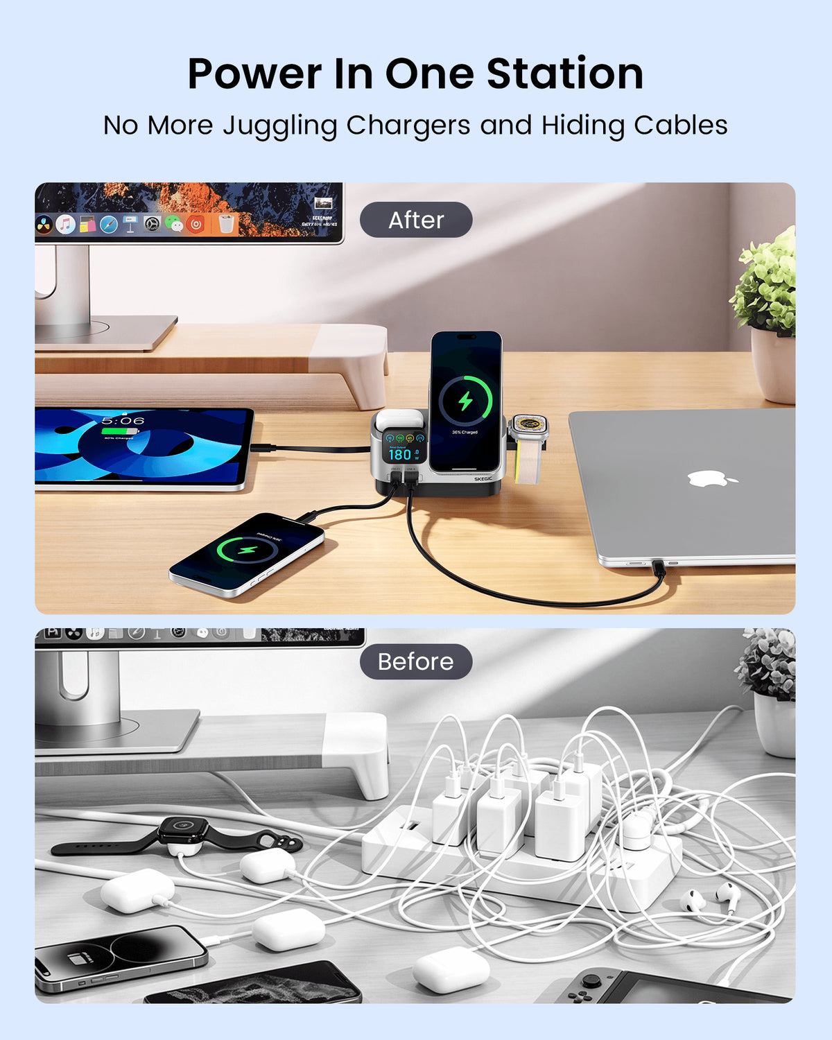 SKEGIC Nexus Ultra 180W SiC Charging Station (Smart Display, 3-in-1 Wireless, Qi2 25W, AirCool)