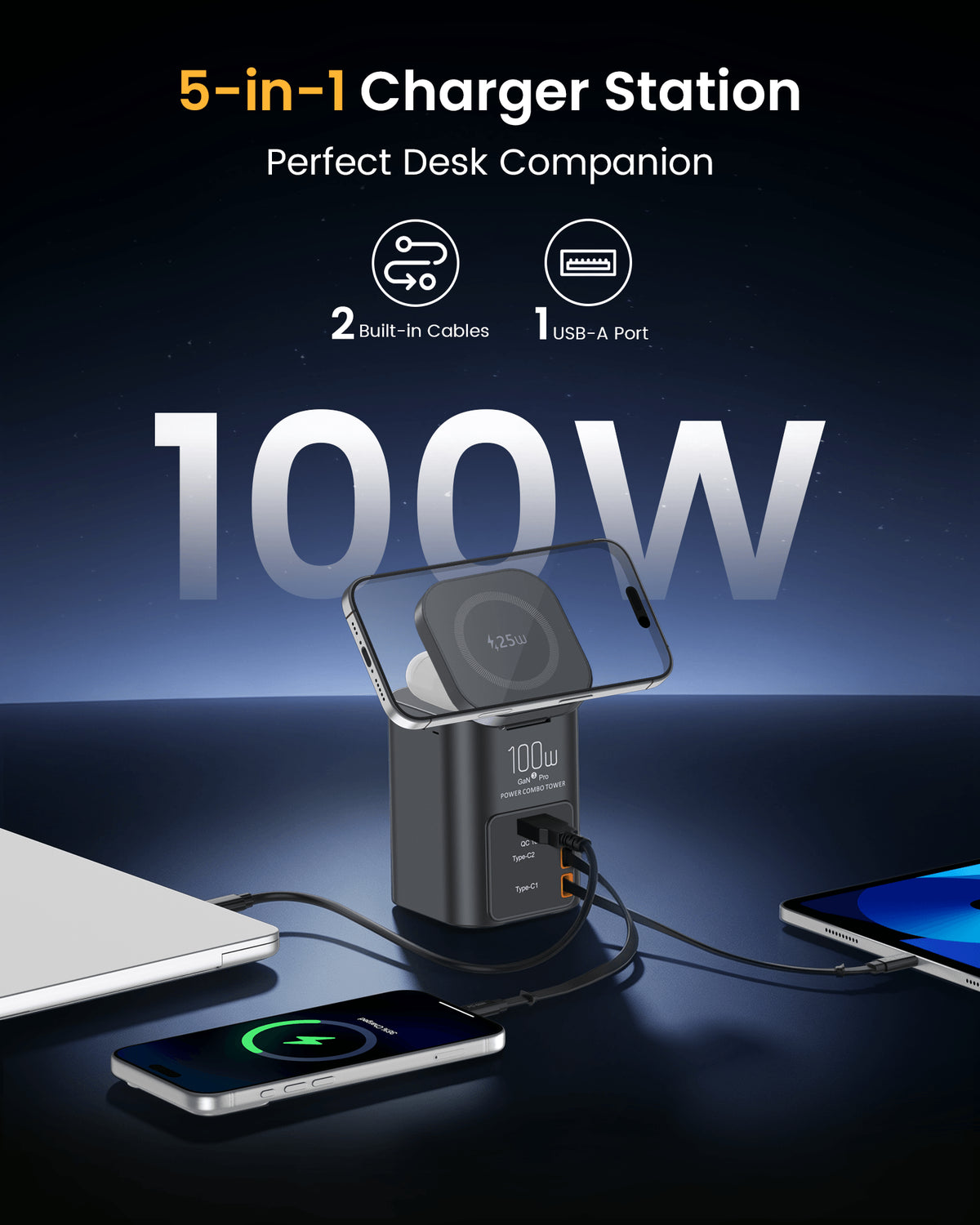 SKEGIC Nexus Pro 100W GaN Charging Station with 25W Wireless Charging