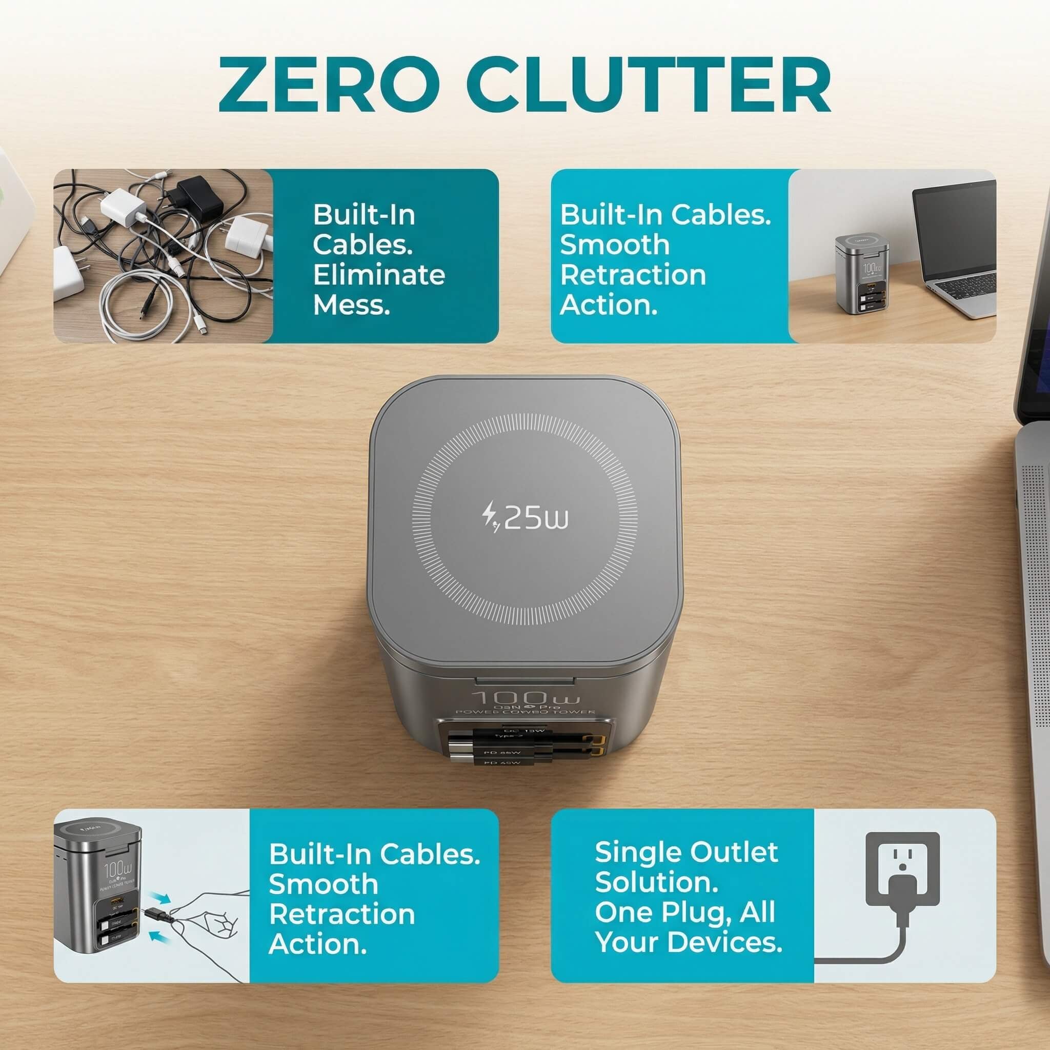 SKEGIC Nexus Pro 100W Power Station (25W Wireless Charging, 2 Retractable USB-C Cables, USB-A Port)