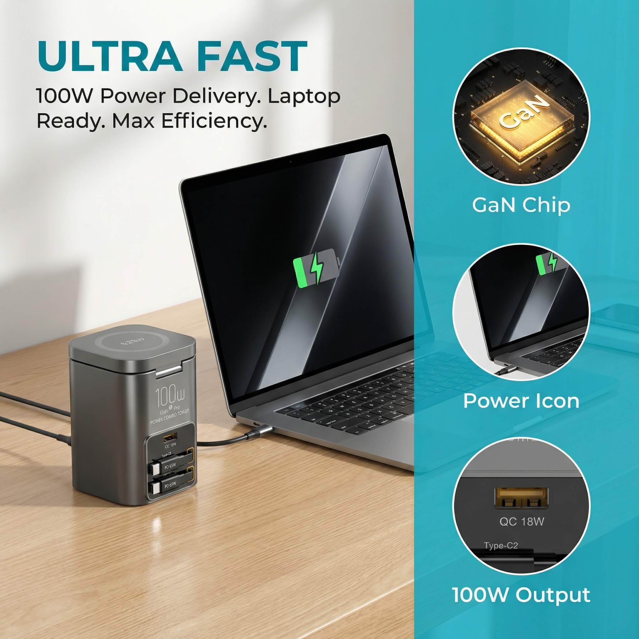 SKEGIC Nexus Pro 100W Power Station (25W Wireless Charging, 2 Retractable USB-C Cables, USB-A Port)
