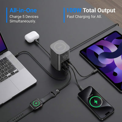 SKEGIC Nexus Hub 100W Power Station (25W Wireless Charging, 1 Retractable USB-C Cable, USB-A & USB-C Port, HDMI Port)