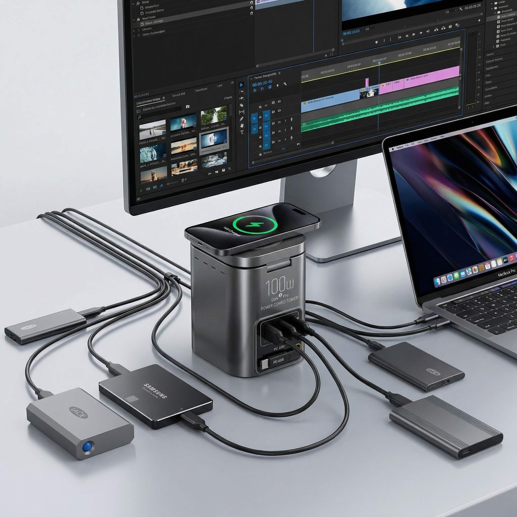SKEGIC Nexus Hub 100W Power Station (25W Wireless Charging, 1 Retractable USB-C Cable, USB-A & USB-C Port, HDMI Port)
